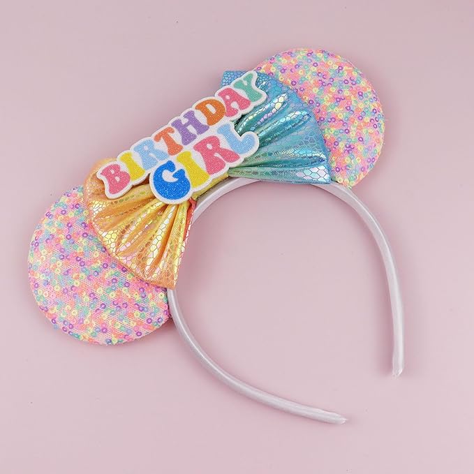LIHELEI Mouse Ears Headband, Princess Pink Headbands for Women Birthday Party, Sequin Bows Headwear Hair Accessories- Birthday Headband