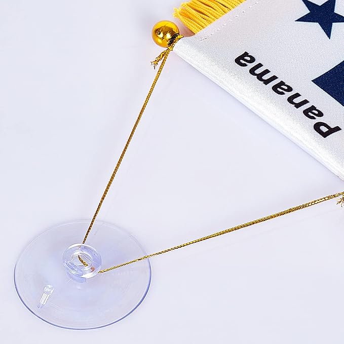 ZXvZYT 3 X 5 Inch Panama Window Hanging Flag Panamanian Small Mini Car Flags Banners Rearview Mirror Decoration - with Suction Cup & Golden Fringy Banner(2 Pack)
