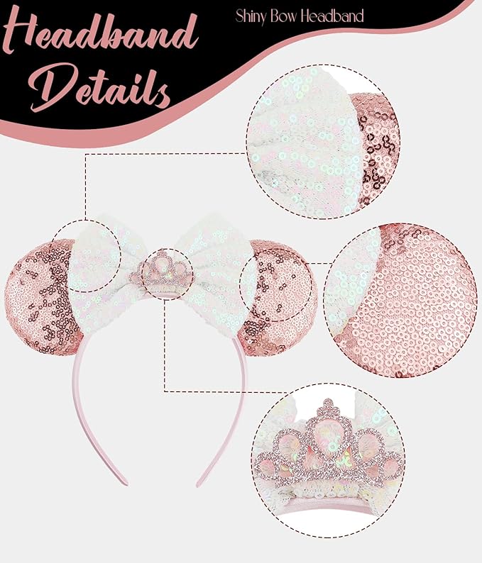 LIHELEI Mouse Ears Headband for Princess, Salmon Pink Sequin Mouse Ears for Princess Birthday Party Halloween Costume, Shiny Park Ears for Adult - Salmon headband