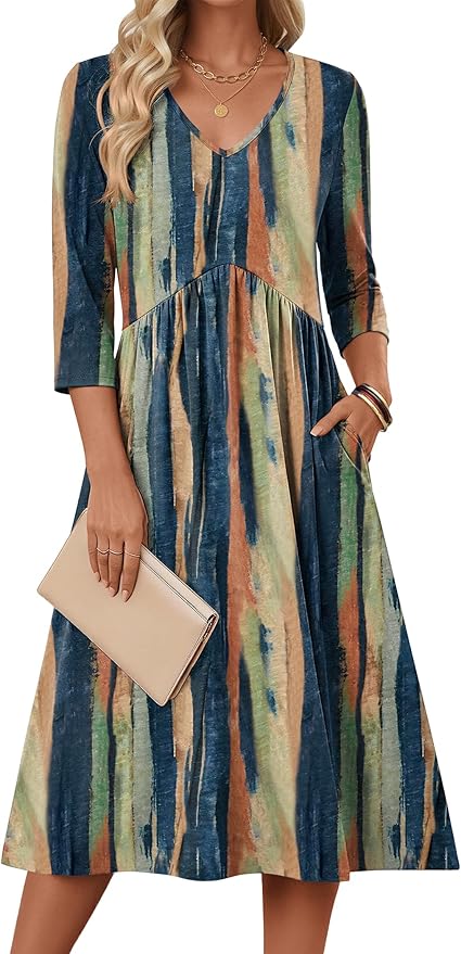 ZEAGOO 3/4 Sleeve Women's Dress Casual Flowy A-Line Midi Tshirt Dresses with Pocket Empire Waist Summer Boho Beach Sundress