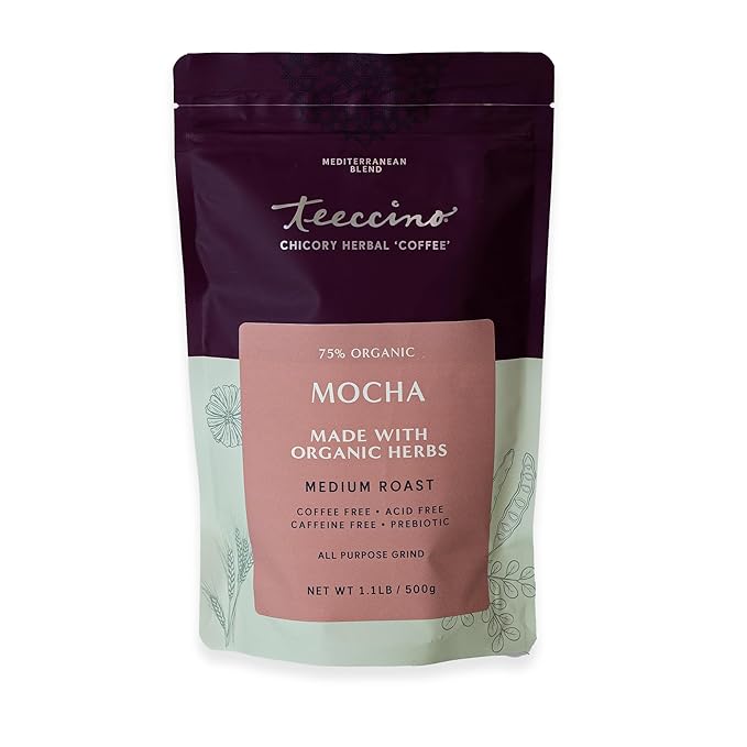 Teeccino Mocha Chicory Coffee Alternative, 1.1 Pound - Ground Herbal Coffee That’s Prebiotic, Caffeine-Free & Acid Free, Medium Roast