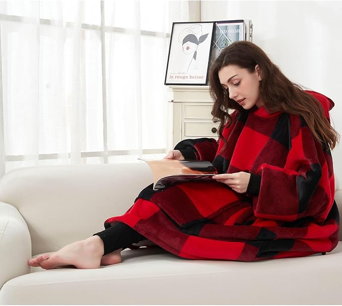 KFUBUO Wearable Blanket Hoodie for Adults Sherpa All Patterns Oversized Sweatshirt Blanket with Pockets for Women Red Plaid