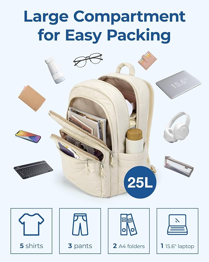 BAGSMART College Laptop Backpack, Travel Laptop Backpack for Women, Quilted Casual Daypack, Water-Resistant Bookbag for 15.6 Inch Laptop, Beige