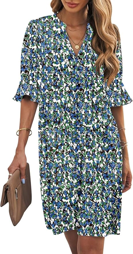 Wkior Shift Dress for Women V Neck Short Sleeves Solid Color Casual Flowy Summer Dresses(S-2XL)