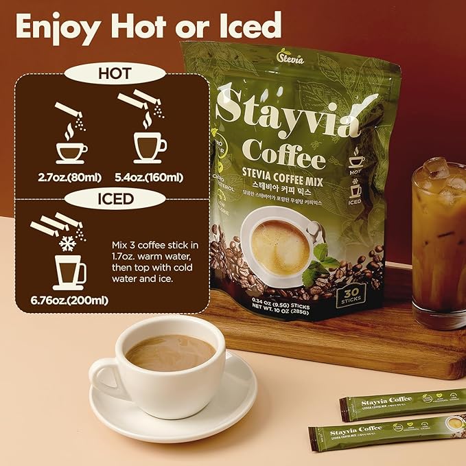 STAYVIA COFFEE Stevia Instant Coffee Packets - Korean Instant Latte with Sugar-Free & Low Calories - 120 Sticks (0.33oz) - Plant-Based Sweetener - Enjoy Caffeine Hot & Cold at Office, Home & Travel