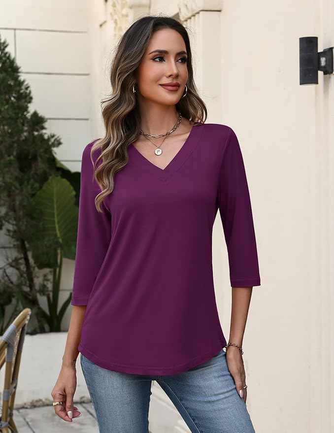 Zeagoo 3/4 Length Sleeve Womens Tops V Neck Shirt Dressy Casual Blouse Basic Tshirts 2026 Fashion Clothing S-2XL