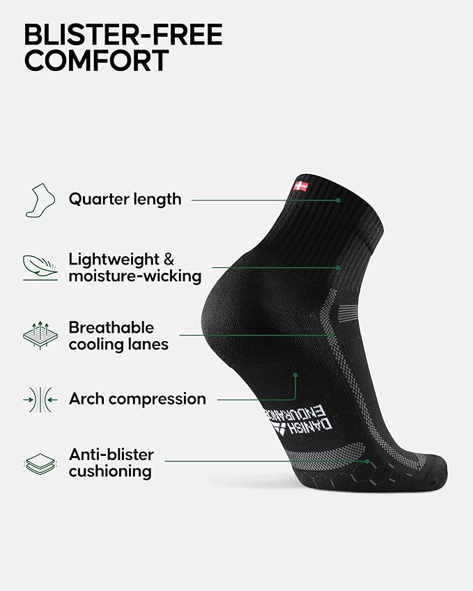 DANISH ENDURANCE Ultra-Comfort Quarter Running Socks, Performance Socks, Men & Women - 3 or 5 Pack