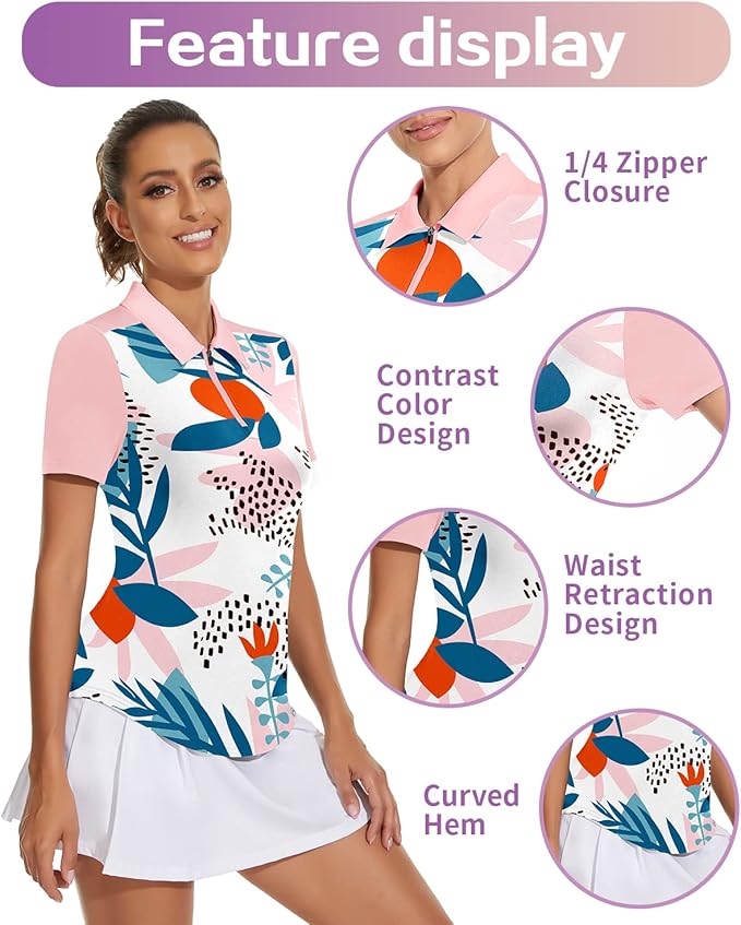 Women's Golf Shirt Short Sleeve Tennis Shirt Quarter Zip Golf Pullover Golf Polo Shirts Argyle Tops