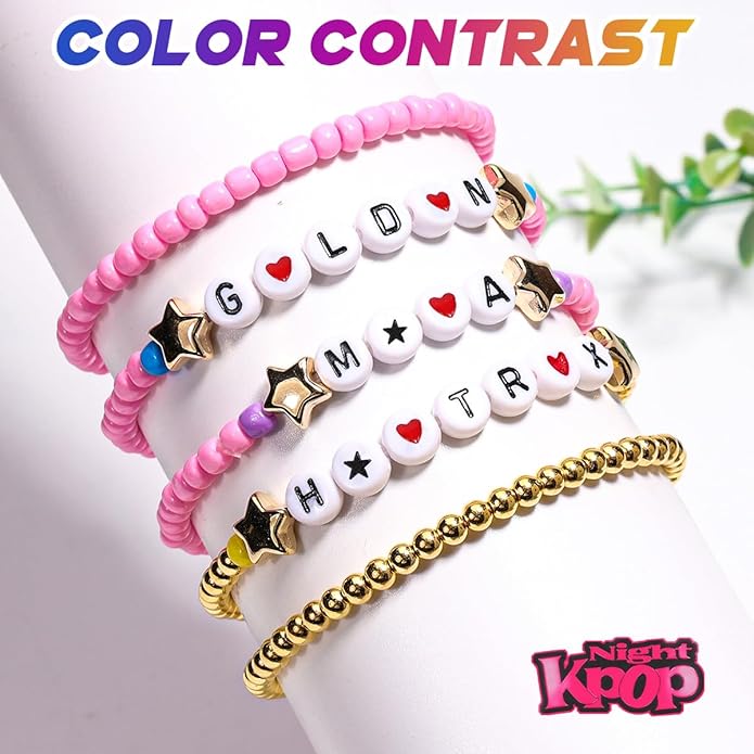AICase for Korea-Pop Merch Gifts Toys Golden Inspired Bracelets 5 Pcs Stackable Stretch Flower Beaded Bracelets Costume Outfit Merchandise Jewelry Gifts for Fans Christmas Stocking_3110