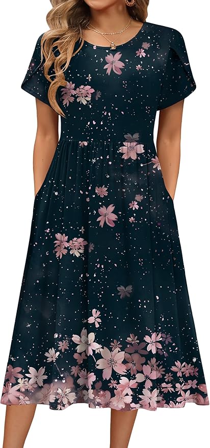 HOTOUCH Women's Summer A-Line Midi Dresses 2026 Casual Floral Short Sleeve T-Shirt Dress Flowy Beach Sundress with Pockets
