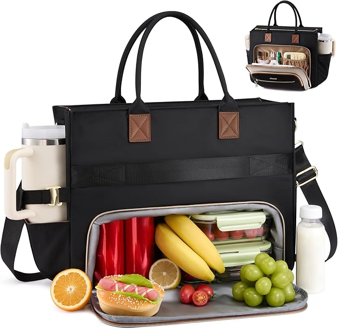 LOVEVOOK Insulated Lunch Bag,2-in-1 Work Tote Bag with Lunch Compartment,Large Capacity Professional Work Bag for Women,15.6 Inch Laptop Bag with Cup Holder for Teacher,Nurse,College,Office,Travel