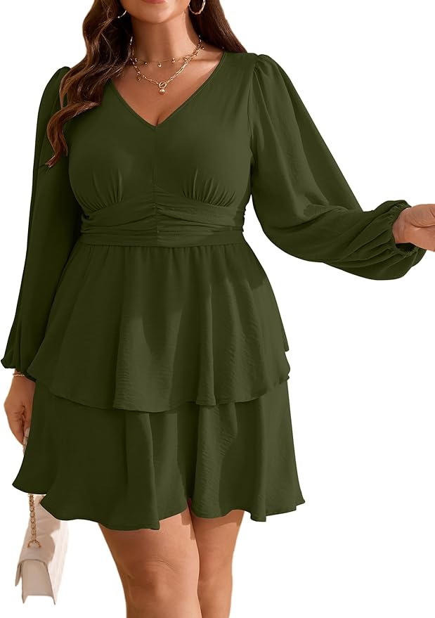 RWJ Plus Size Dresses for Curvy Women V Neck Long Sleeve Elastic Waist Fall Wedding Guest Layer Casual Mini Dress