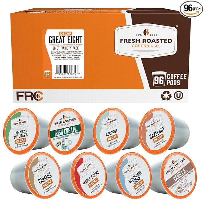 Fresh Roasted Coffee, The Decaf Great Eight, Flavored Coffee Pod Variety Pack, K-Cup Compatible, 96 Count