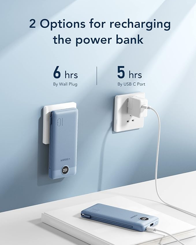 VEGER Portable Charger for iPhone Built in Cables and Wall Plug, 10000mah Slim Fast Charging USB C Power Bank, Travel Essential Battery Pack Compatible with iPhones, iPad, Samsung More Devices(Blue)