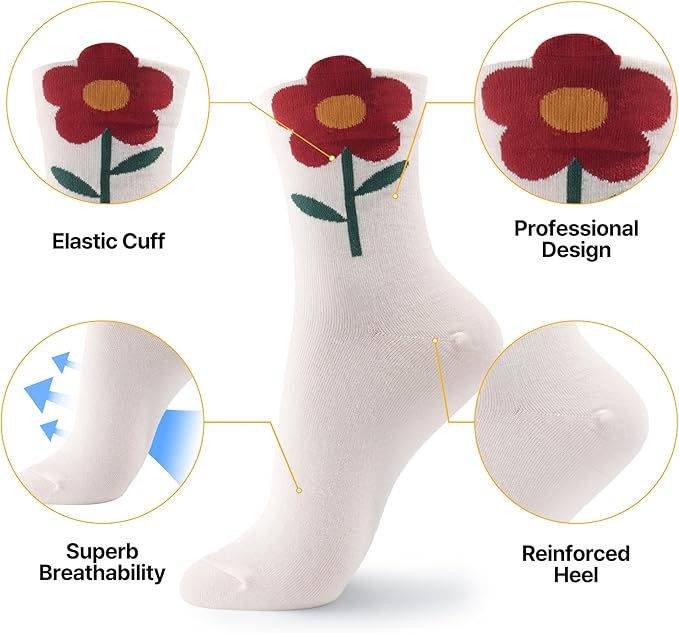 Kikiya Women's Cotton Crew Socks - Cute Flower Graphic Polka Dot Striped Heart Patterned - Ladies Girls Casual Socks Size 6-8