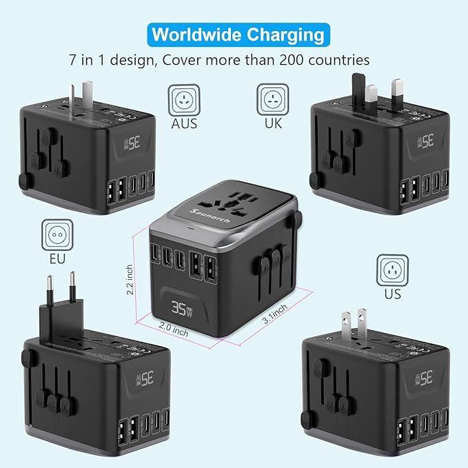 SAUNORCH Universal Travel Adapter, PD 35W 7 in 1 International Power Plug Adapter with 7.0A 4 USB-C and 2 USB-A Fast Wall Charger, Worldwide AC Outlet for US Europe UK AUS (Black+Silver)