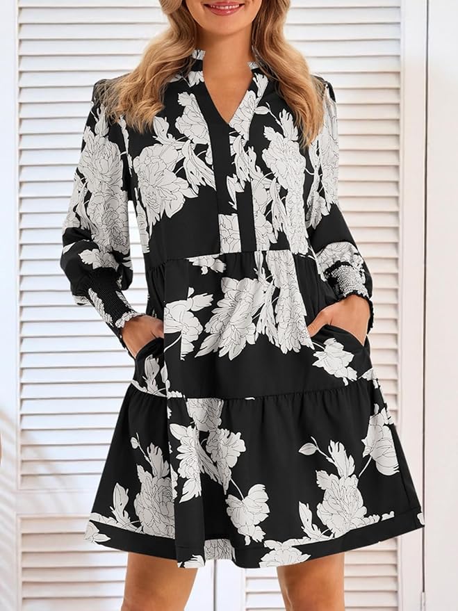 Imily Bela Womens Fall Long Sleeve Tunic Dress Casual V Neck Loose Ruffle Tiered Dress