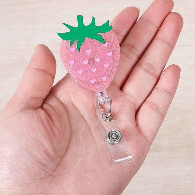 Funny Pink Strawberry Badge Reel, Cute Retractable ID Card Badge Holder, Name Tag Work Badge Clips for RN LPN CNA Nicu Labor and Delivery Nurse Medical Assistant Nursing Student Teacher