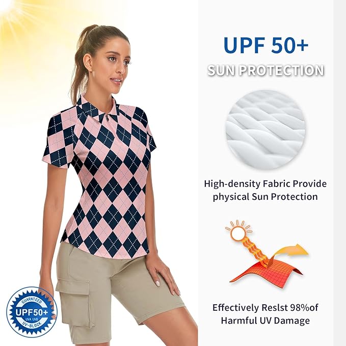 Women's Golf Shirt Short Sleeve Tennis Shirt Quarter Zip Golf Pullover Golf Polo Shirts Argyle Tops