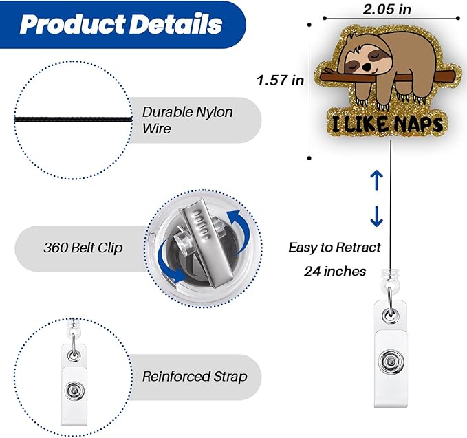 I Like Naps Funny Sloth Badge Reel, Cute Healthcare Retractable ID Card Badge Holder, Name Tag Work Badge Clip for Sleep Center RN LPN CNA MA Night Shift Nurse Pacu Psychiatry Doctor, Nurse Gifts