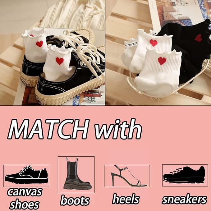 CHUNFO Cute Heart White Red Ankle Women Socks Frilly Fun Bear Pattern Long Crew Novelty Aesthetic Girls Sock 4 & More Pairs