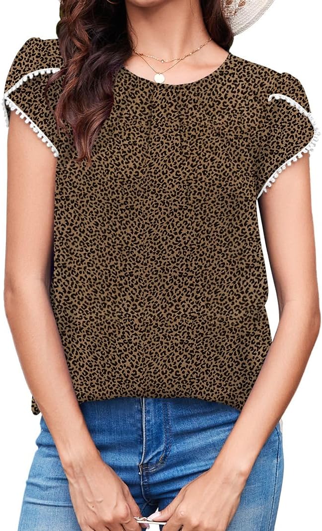 TASAMO Women's Casual Round Neck Basic Pleated Top Cap Sleeve Curved Keyhole Back Chiffon Blouse