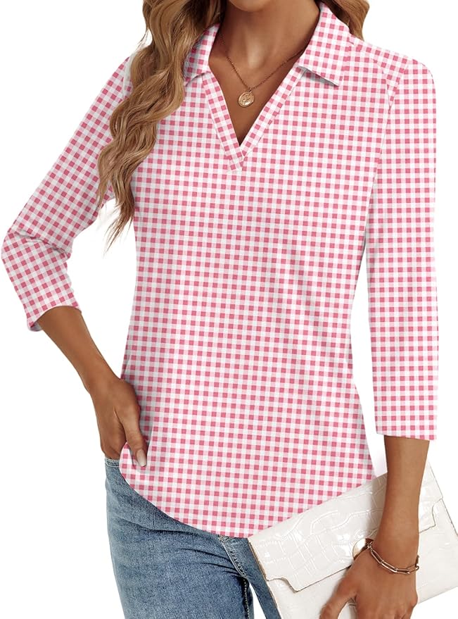 3/4 Length Sleeve Womens Tops Dressy Casual V Neck Polo Shirts Business Work Blouses 2025 Trendy Tunic Top