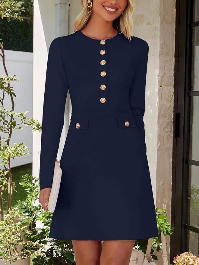 NENONA Women's 2026 Long Sleeve Fall Winter Sweater Dress Spring Fashion Button Elegant Business Casual Work Mini Dresses