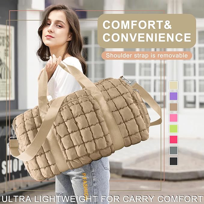 Quilted Travel Duffle Bag Gym Bag for Women,Large Puffer Duffle Weekender Bag with Compartment,Workout Overnight Carry on Organizer Bag Duffle Bag for Airplane Travel(Khaki)