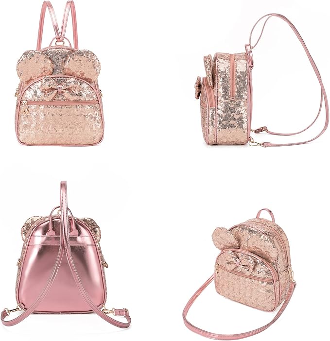 KL928 Girls Mini Backpack Bowknot Polka Dot Cute Daypacks Convertible Shoulder Bag Purse for Women (Brown) (Sequin Fluorescent Pink)