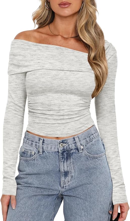 Darong Women's Off Shoulder Tops Y2K Shirt Slim Fit Ruched Crop Top Long Sleeves Spring Fall Blouse Going Out Shirt