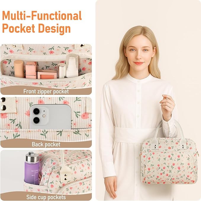 Lunch Bag Large Insulated Lunch Box for Women Men Adult Cute Pink Floral Lunchbox Corduroy Lunch Bags Boxes Pail with Shoulder Strap for Work Mom Picnic Office Travel 11.4×6.8×9.1 inches 11.5L Beige