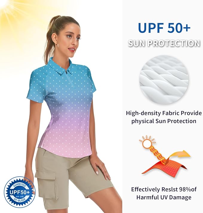 Women's Golf Shirt Short Sleeve Tennis Shirt Quarter Zip Golf Pullover Golf Polo Shirts Argyle Tops