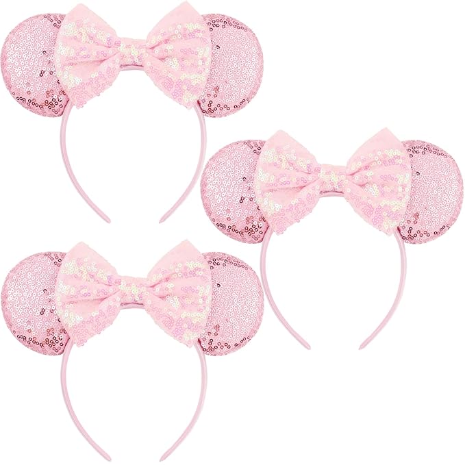 LIHELEI Minnie Ears Headbands for Princess, Pink Mouse Ears Headbands for Halloween Costume, Sequin Bows Headwear Hair Accessories for Women - Pink