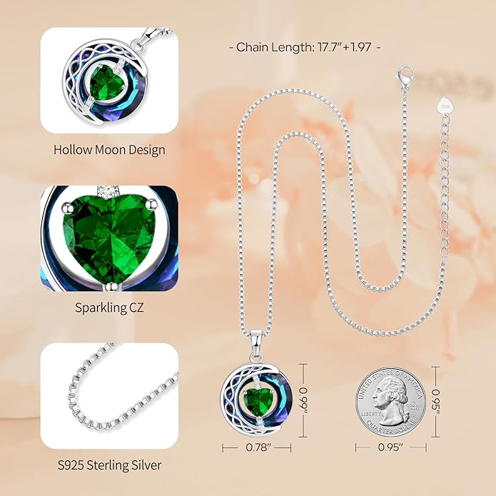 LIANYU Necklace for Womens Blue Sapphire Necklace Moon Pendant S925 Sterling Silver Crystal Jewelry for Women Pendant Birthday Gifts for Wife Gifts Valentine Anniversary