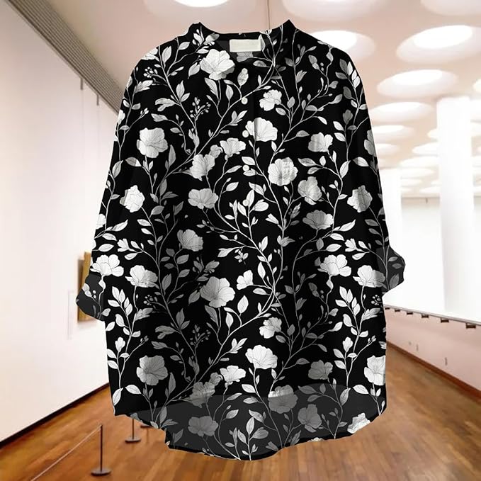 Womens Boho Tops 3/4 Long Sleeve Floral Blouses Hawaii Beach Button Down Shirts V Neck Pullover Casual Tunics