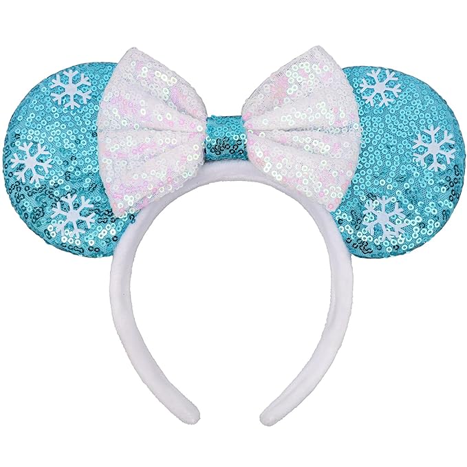 ETLUK Mouse Ears Headband, ICY Blue Snowflake Sequin Ear Headband with Bow，Princess Mouse Ears for Women Girls, Cosplay Accessories Party Decorations(Blue)