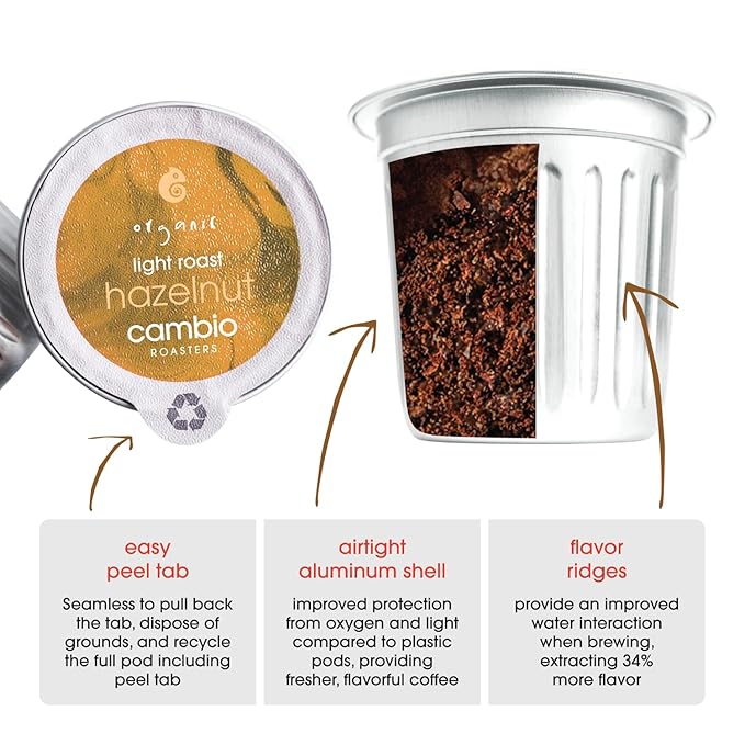 Cambio Roasters Organic Hazelnut Coffee Keurig KCups, Only Aluminum K Cup for Better & Longer Lasting Flavor, Nutty and Slightly Sweet Light Roast Kcup Keurig Coffee Pods, Lower Acid Kcups, 60 count