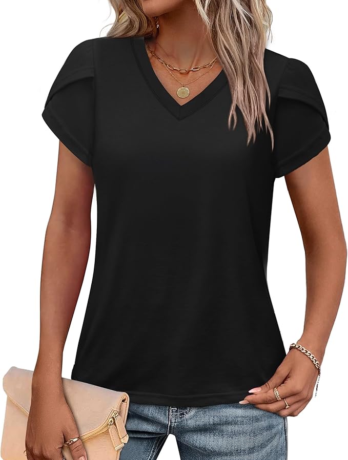 WIHOLL Womens Tops V Neck Summer Petal Sleeve Casual Tshirts