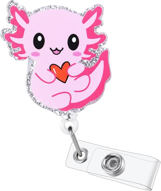 Cute Axolotl Badge Reel, Pink Retractable ID Card Badge Holder, Name Tag Work Badge Clip for NICU RN LPN CNA MA ER Night Shift Nurse Nursing Student Pediatric Doctor Teacher Librarian, Nurse Gifts