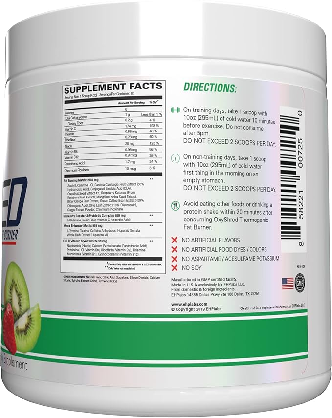 EHP Labs OxyShred Pre Workout Powder - Preworkout Powder with L Glutamine & Acetyl L Carnitine, Energy Boost Drink - Kiwi Strawberry, 60 Servings