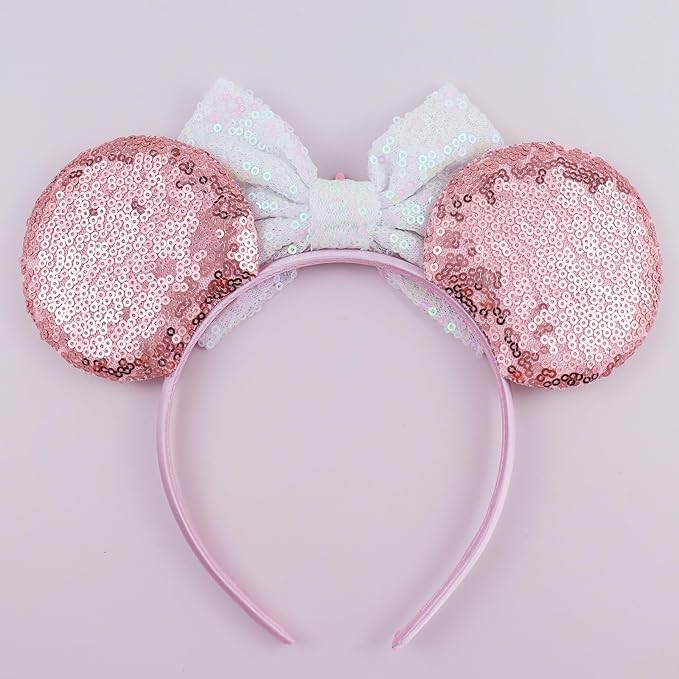LIHELEI Mouse Ears Headband for Princess, Salmon Pink Sequin Mouse Ears for Princess Birthday Party Halloween Costume, Shiny Park Ears for Adult - Salmon headband
