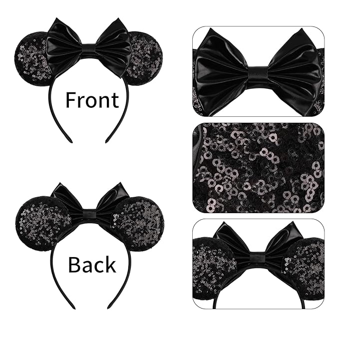 bianbaistar Mouse Ears Headband - Velvet Hair Bow Headwear with Sparkle Sequins for Women, Girls & Boys (Black Bow)