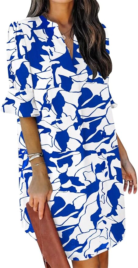 QACOHU Summer Dresses for Women V Neck Ruffle Short Sleeve Casual Shift Dress
