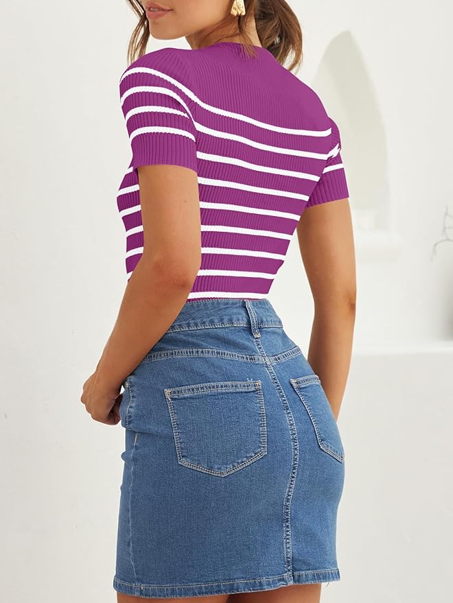 ZESICA Women's Short Sleeve Crewneck Striped T Shirt 2026 Summer Ribbed Knit Slim Fit Casual Basic Tee Tops