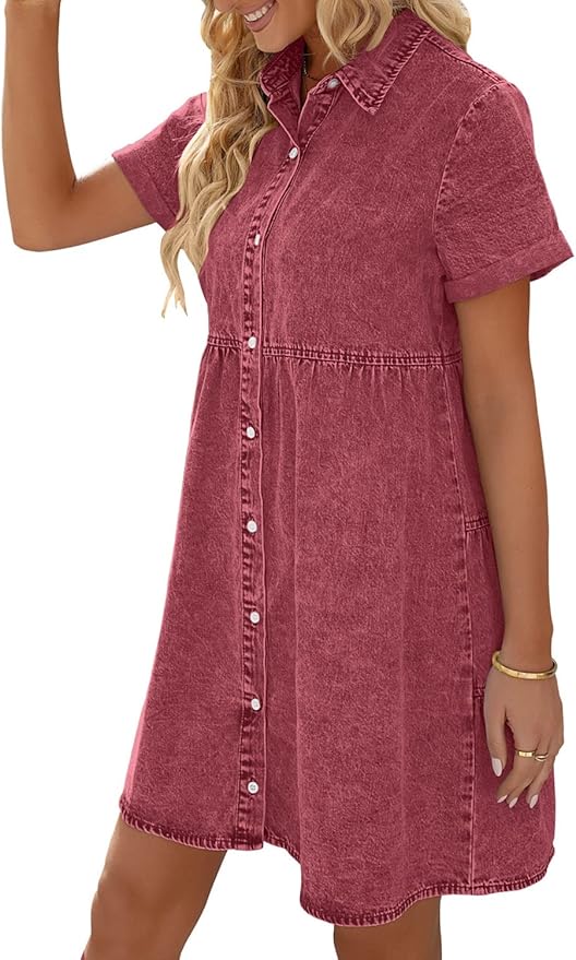 LookbookStore Women's Short Sleeve Button Down Flowy Tiered Babydoll Denim Dress