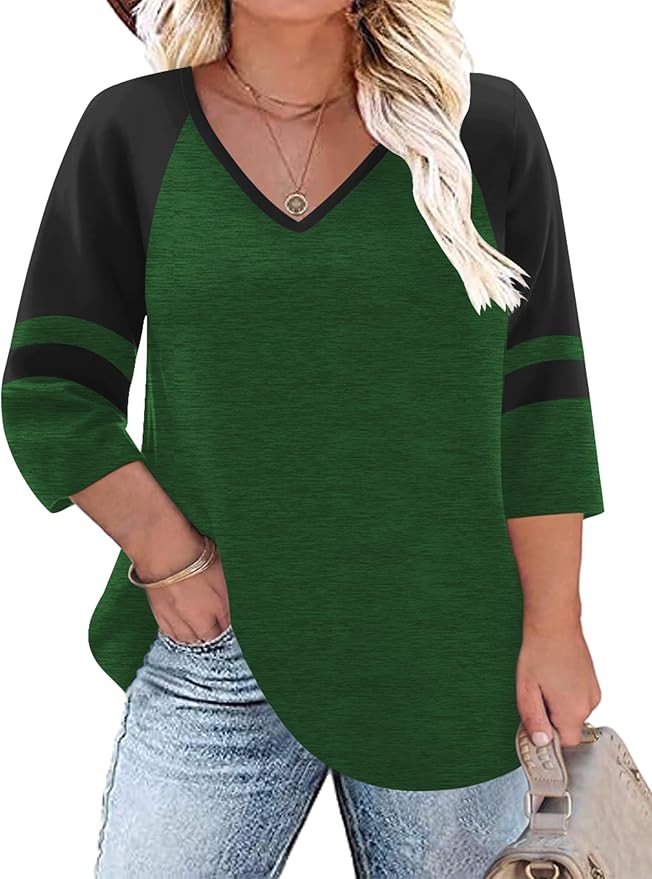 TFSDOD Womens Plus Size Tops V Neck T Shirts 3/4 Sleeve Blouse Summer Casual Tees XL-5X