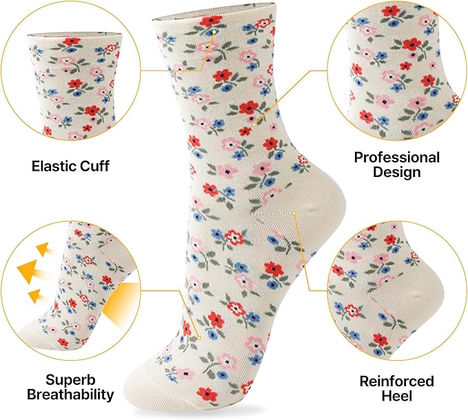 Kikiya Women's Cotton Crew Socks - Cute Flower Graphic Polka Dot Striped Heart Patterned - Ladies Girls Casual Socks Size 6-8