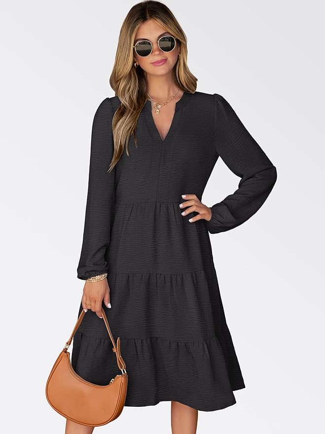 ANRABESS Womens Fall Midi Dresses Long Sleeve V Neck Swing Tiered Work Business Casual 2026 Flowy Beach Vacation Dress