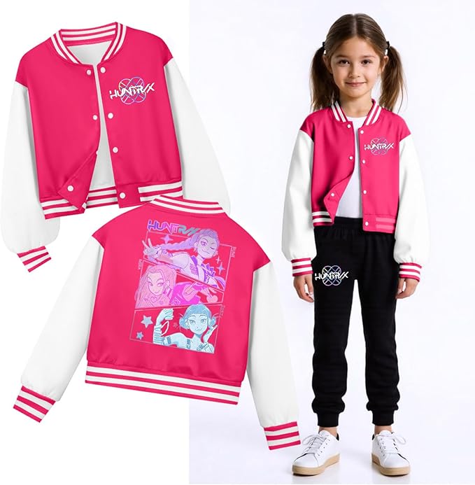 K PopGirls Kpop Tracksuit Cute Cartoon Print Baseball Coats Fashion Long Sleeve Jackets and Pants Christmas Costume Set